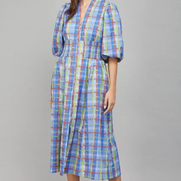 Periwinkle Olive Plaid Midi Dress - MEDIUM - Picture 3 of 11